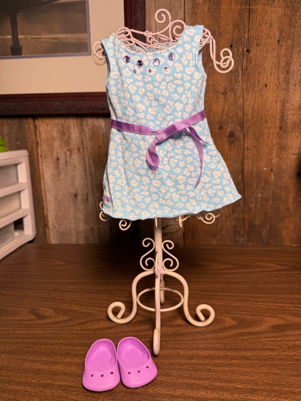 American Girl Blue Leopard Print Dress w/ Purple Shoes Doll Outfit AG